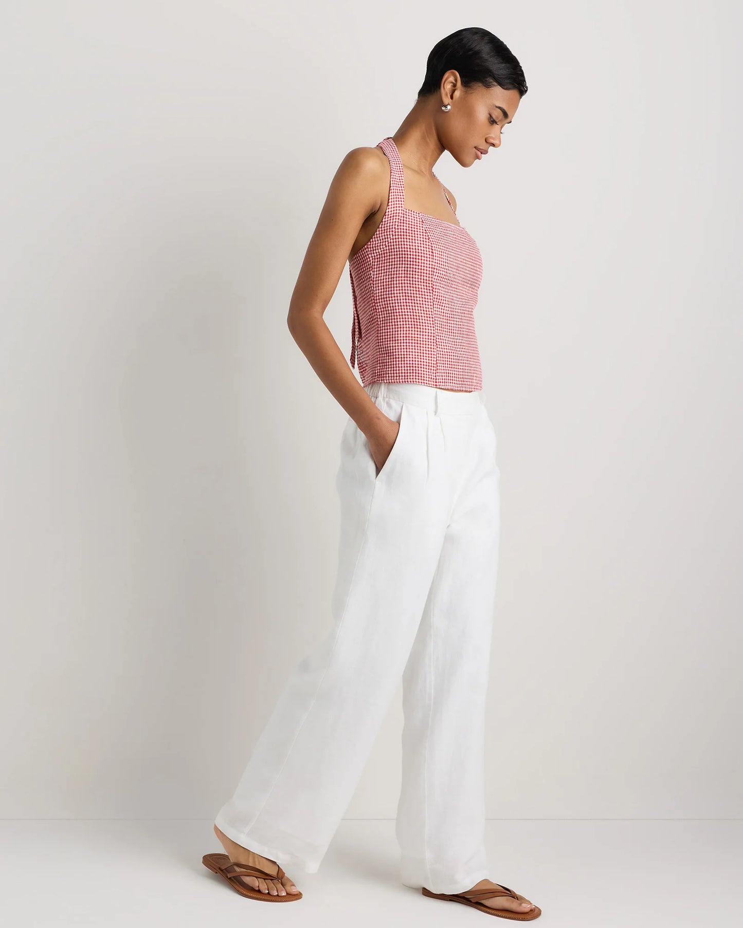 100% European Linen Halter Top - XS / Red Classic Mini Gingham