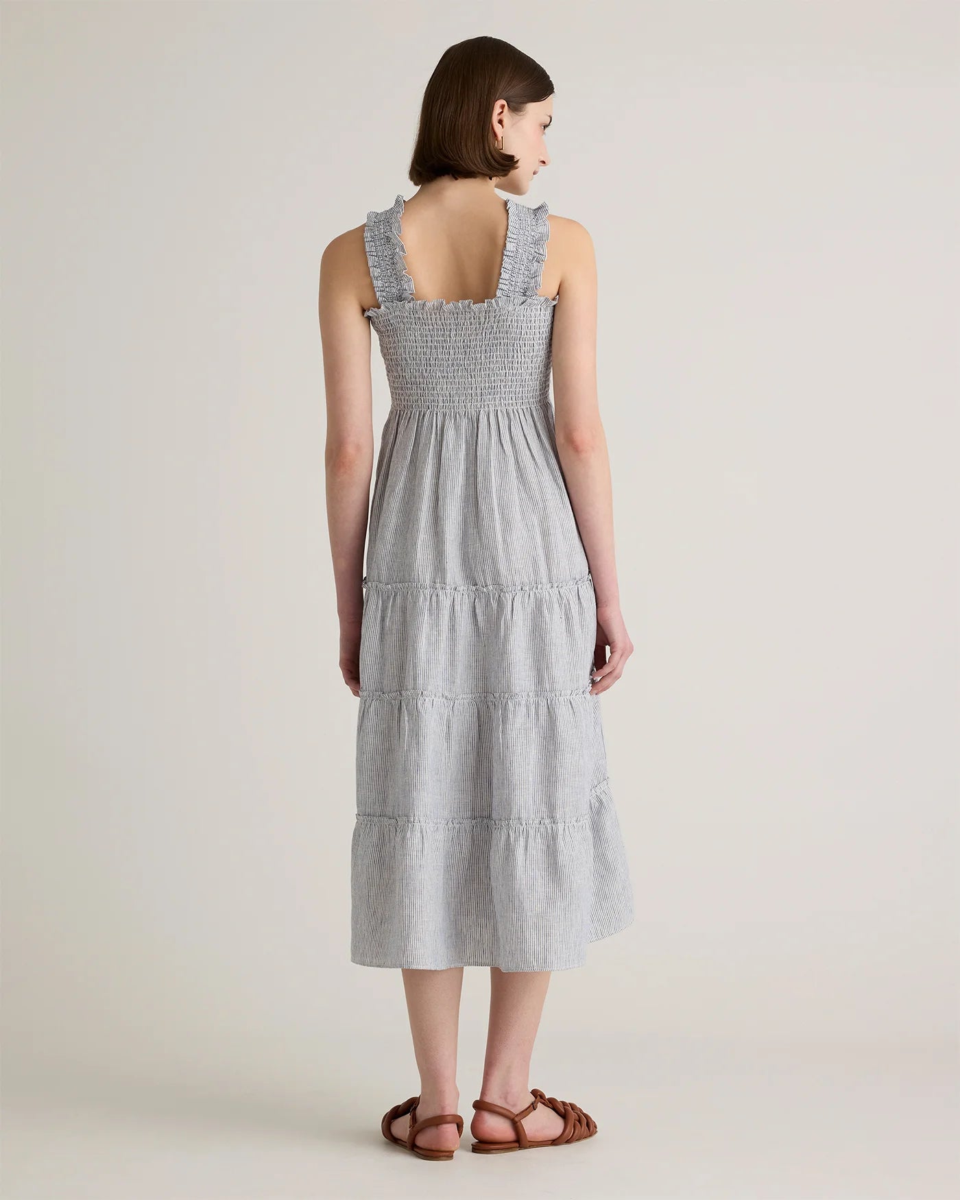 100% European Linen Smocked Midi Dress - XS / Ivory Porcelain Blue Petite Floral
