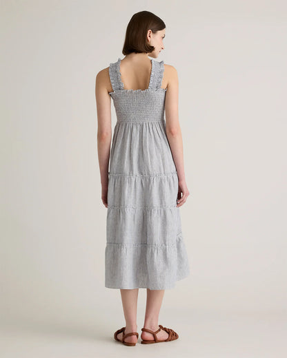 100% European Linen Smocked Midi Dress - XS / Ivory Porcelain Blue Petite Floral