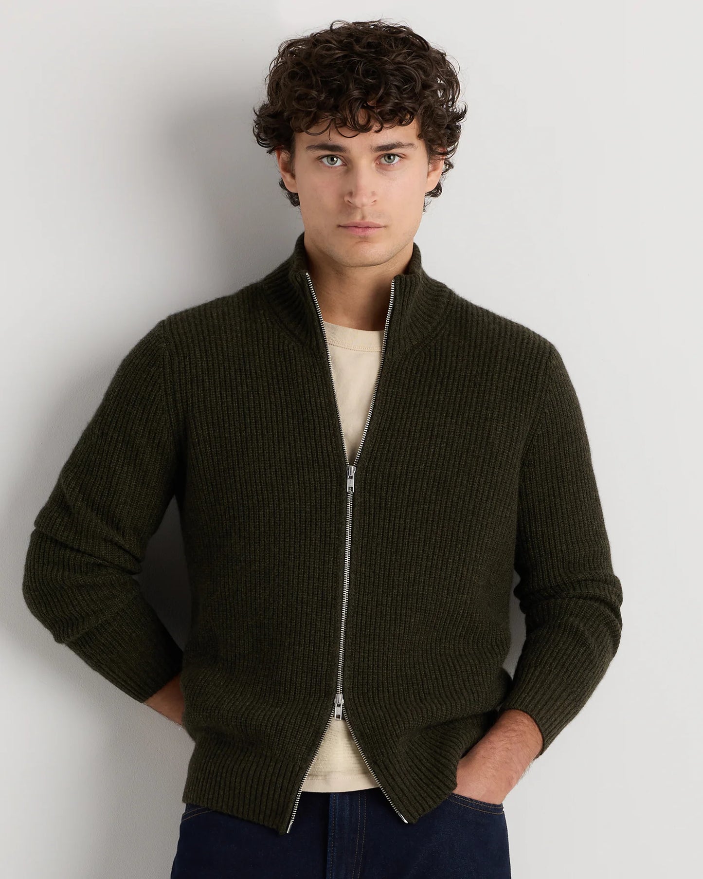 Mongolian Cashmere Fisherman Full Zip Sweater - S / Teak