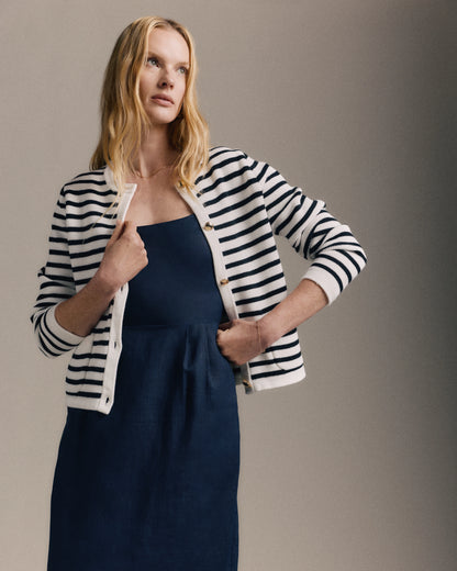 100% European Linen Scoop Neck Midi Dress - XS / Ivory Porcelain Blue Petite Floral