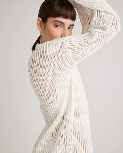 100% Organic Cotton Open-Knit Long Sleeve Cover-Up Mini Dress - XS / Beige