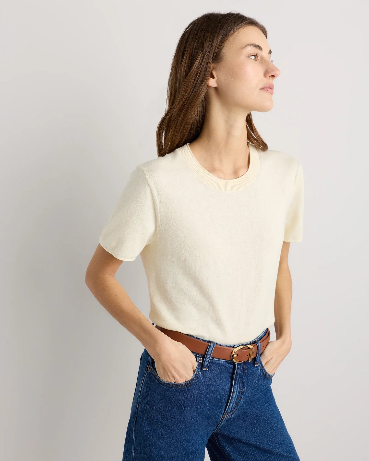 Lightweight Cotton Cashmere Relaxed Sweater Tee - XS / Sugar Stone