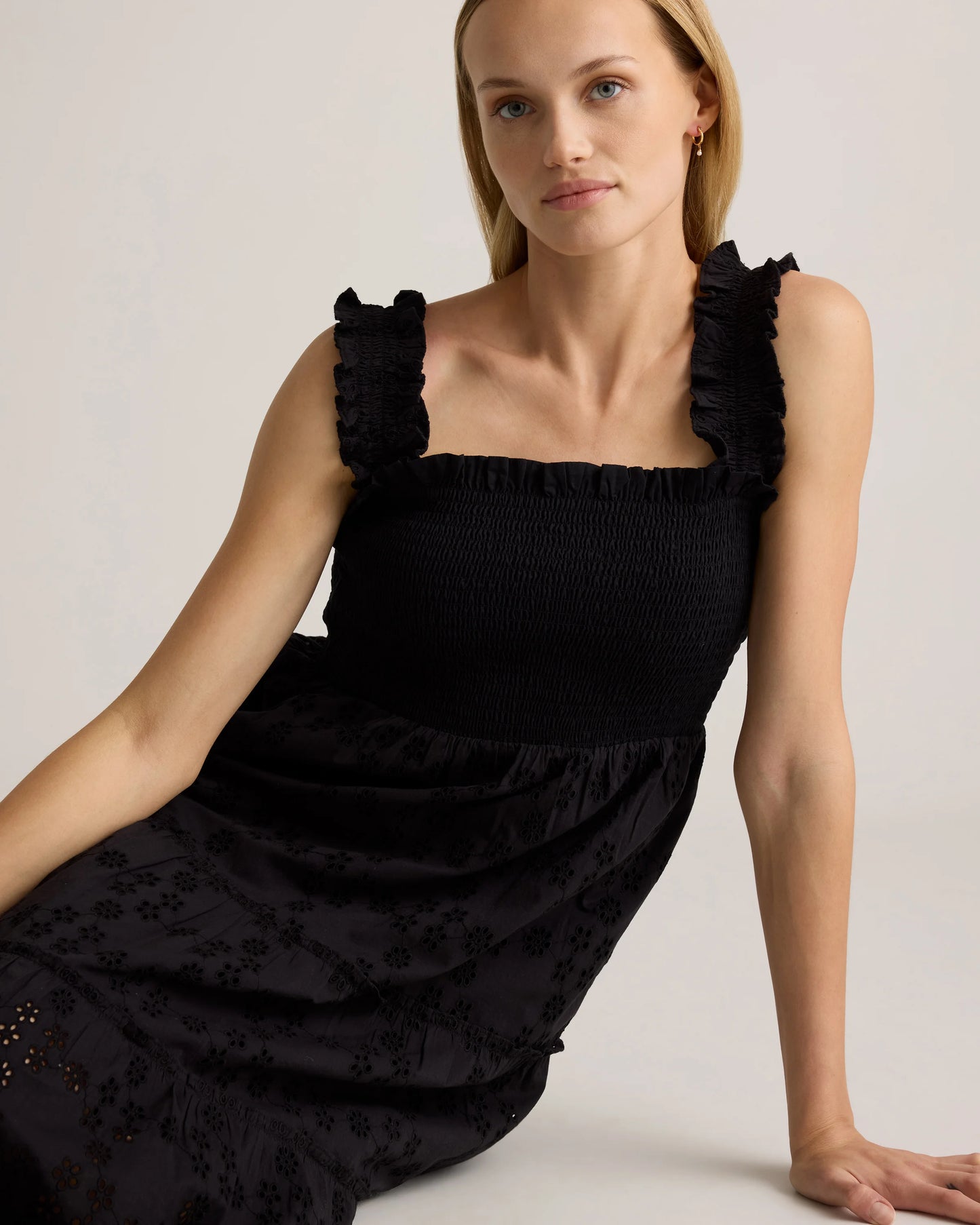 100% Organic Cotton Eyelet Smocked Midi Dress - XS / White