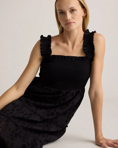 100% Organic Cotton Eyelet Smocked Midi Dress - XS / White