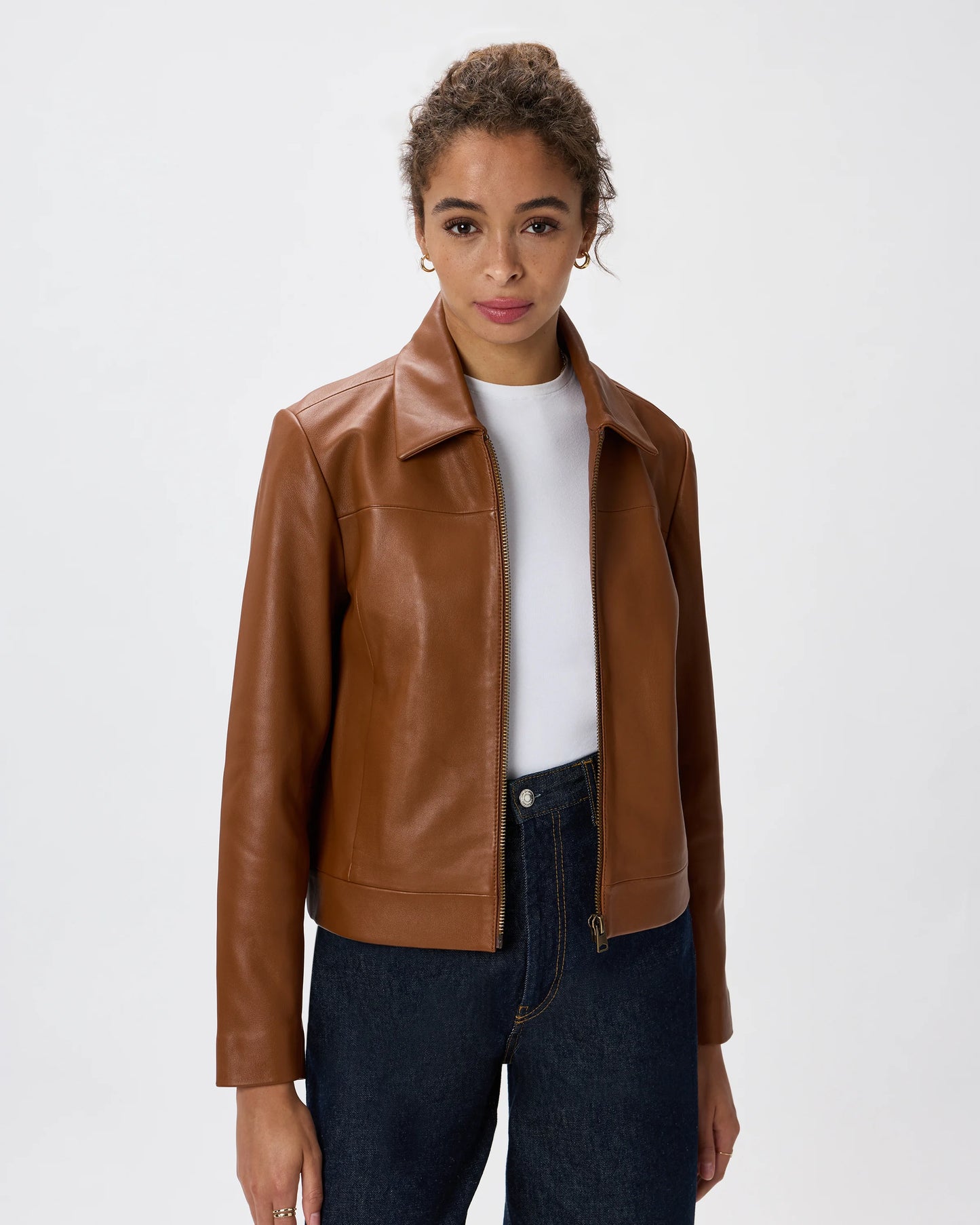 100% Leather Cropped Zip-Front Jacket - XS / True Black