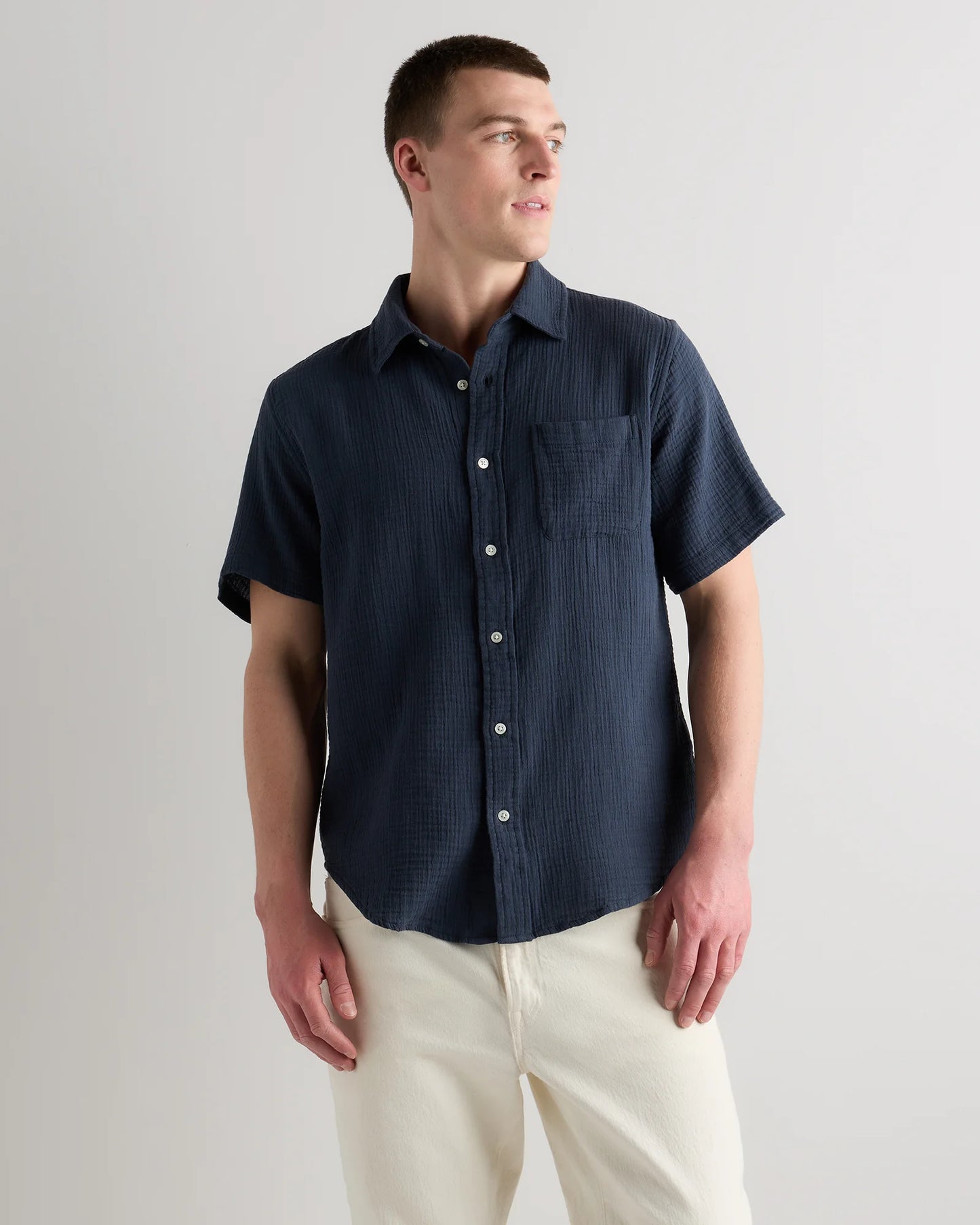 100% Organic Cotton Gauze Short Sleeve Shirt - S / Indigo Blue
