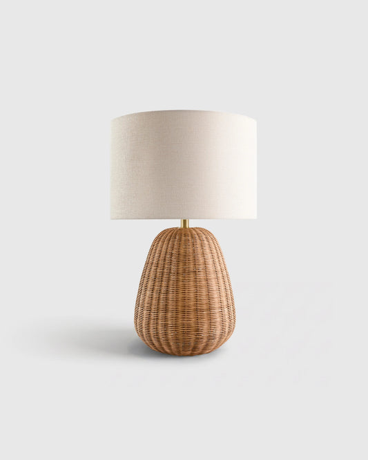 Natural Rattan Table Lamp with Linen Shade - One Size / Light Brown