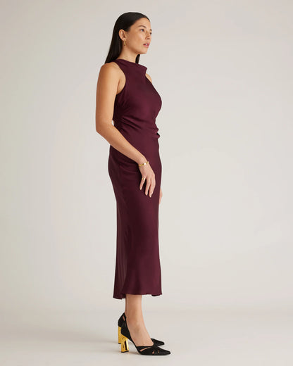 Washable Stretch Silk High Neck Midi Dress - XS / Vintage Navy Roses