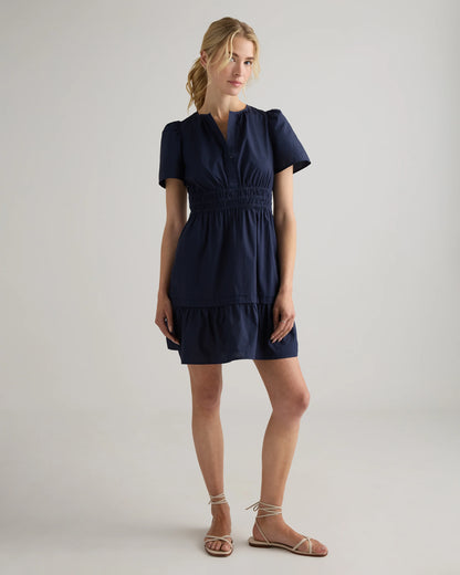 100% Organic Cotton Poplin Tiered Mini Dress - XS / Riviera Blue Heirloom Floral
