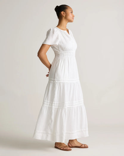 100% European Linen Tiered Maxi Dress - XS / Ivory Porcelain Blue Petite Floral