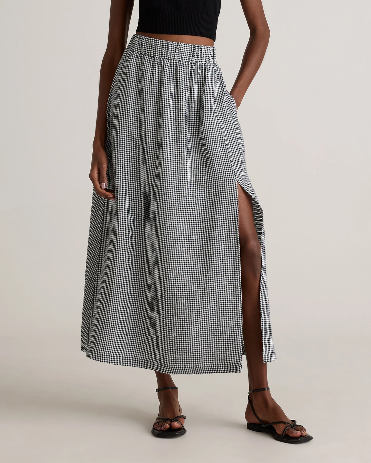 100% European Linen Maxi Skirt - XS / Classic Mini Gingham