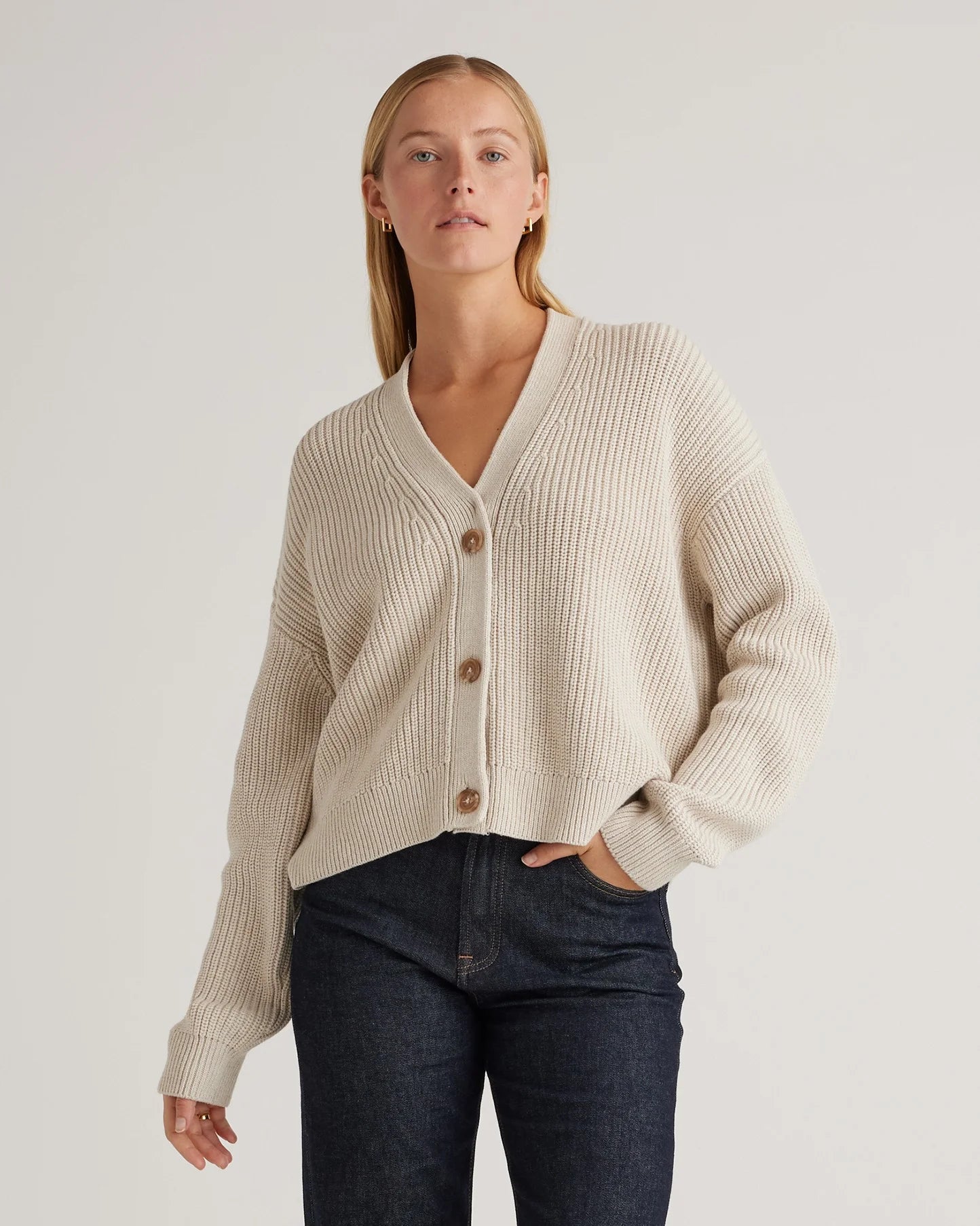 100% Organic Cotton Fisherman Boxy Cropped Cardigan - XS / Sapphire Blue