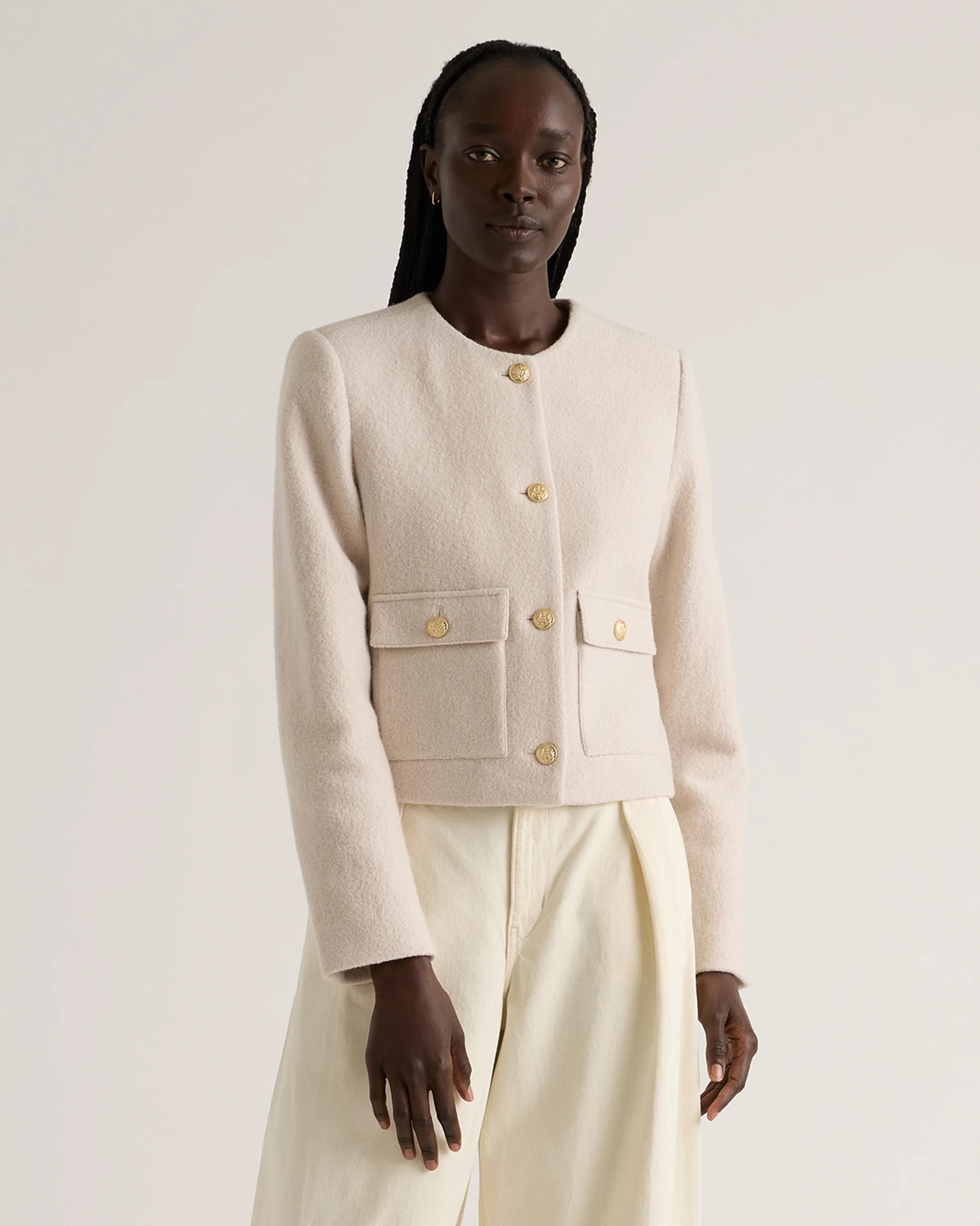 100% Merino Wool Collarless Cropped Jacket - XS / Heather Bone