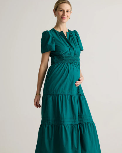 100% Organic Cotton Poplin Maternity Tiered Maxi Dress - XS / Riviera Blue Heirloom Floral
