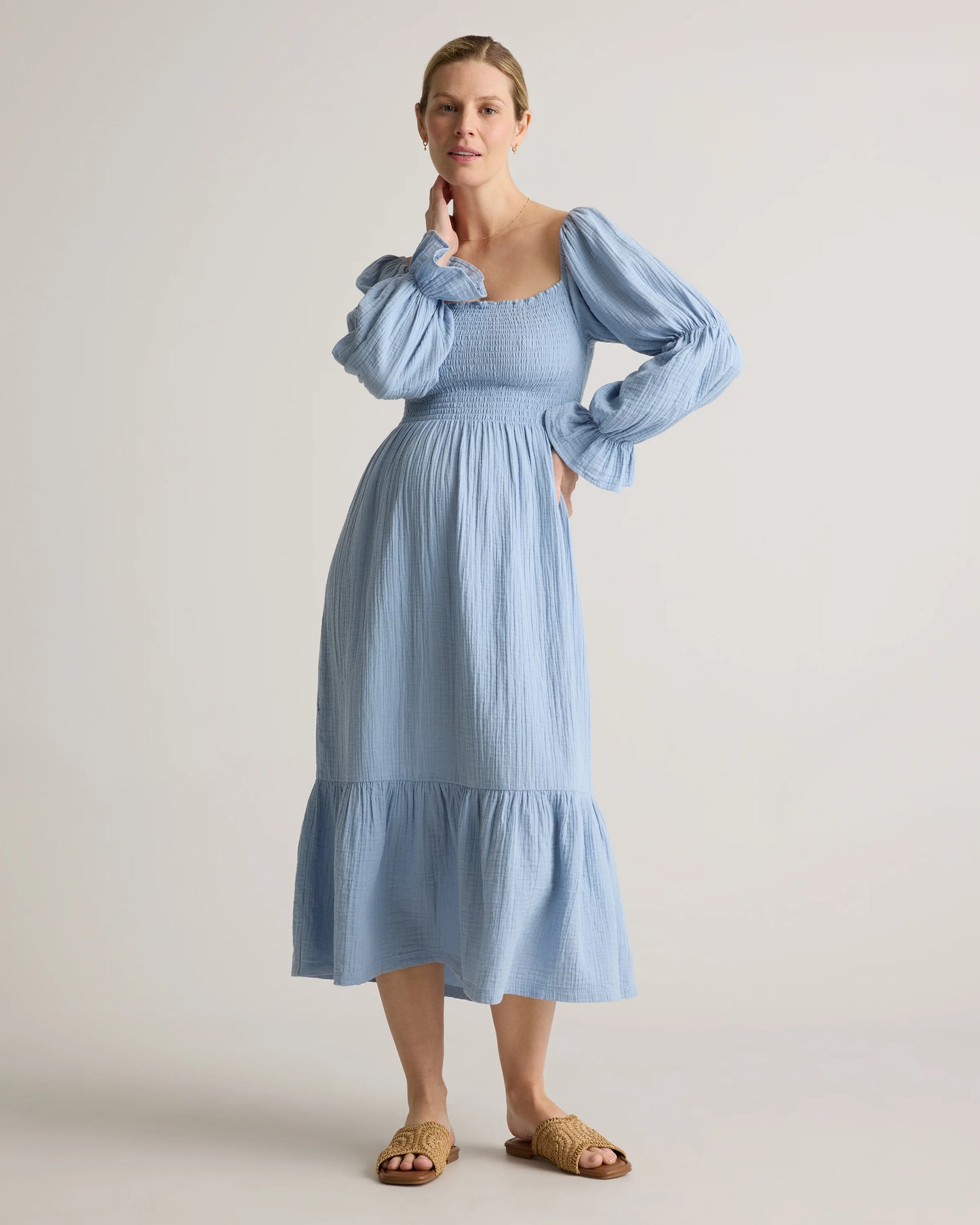 100% Organic Cotton Gauze Maternity Smocked Midi Dress - XS / Wild Cherry