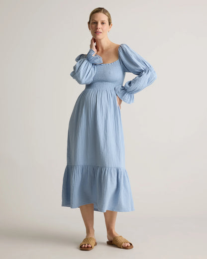 100% Organic Cotton Gauze Maternity Smocked Midi Dress - XS / Wild Cherry