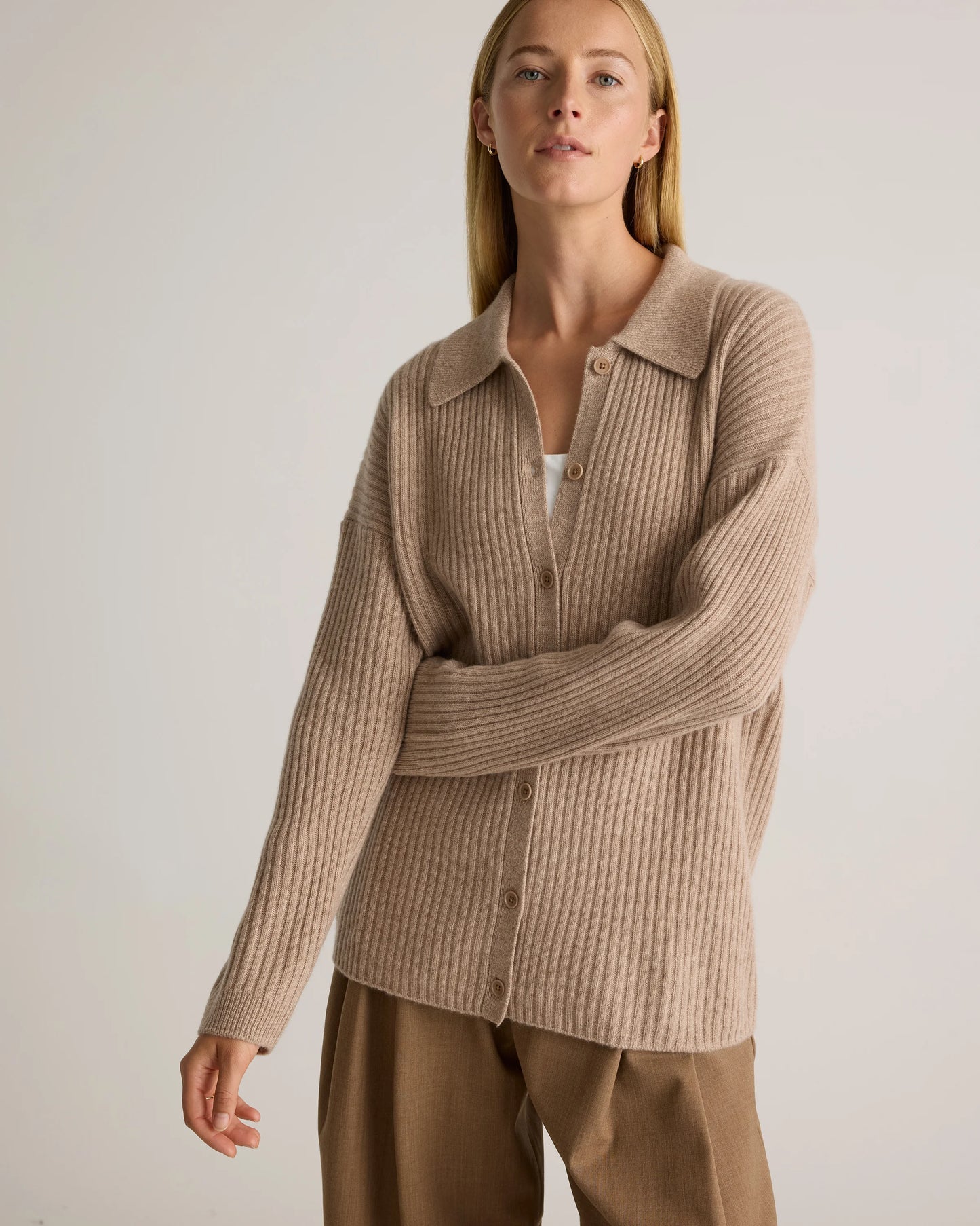 Mongolian Cashmere Wide-Rib Oversized Collared Cardigan - XS / Oatmeal