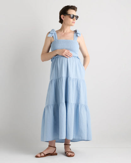 100% Organic Cotton Gauze Smocked Sleeveless Midi Dress - XS / Khaki Gingham