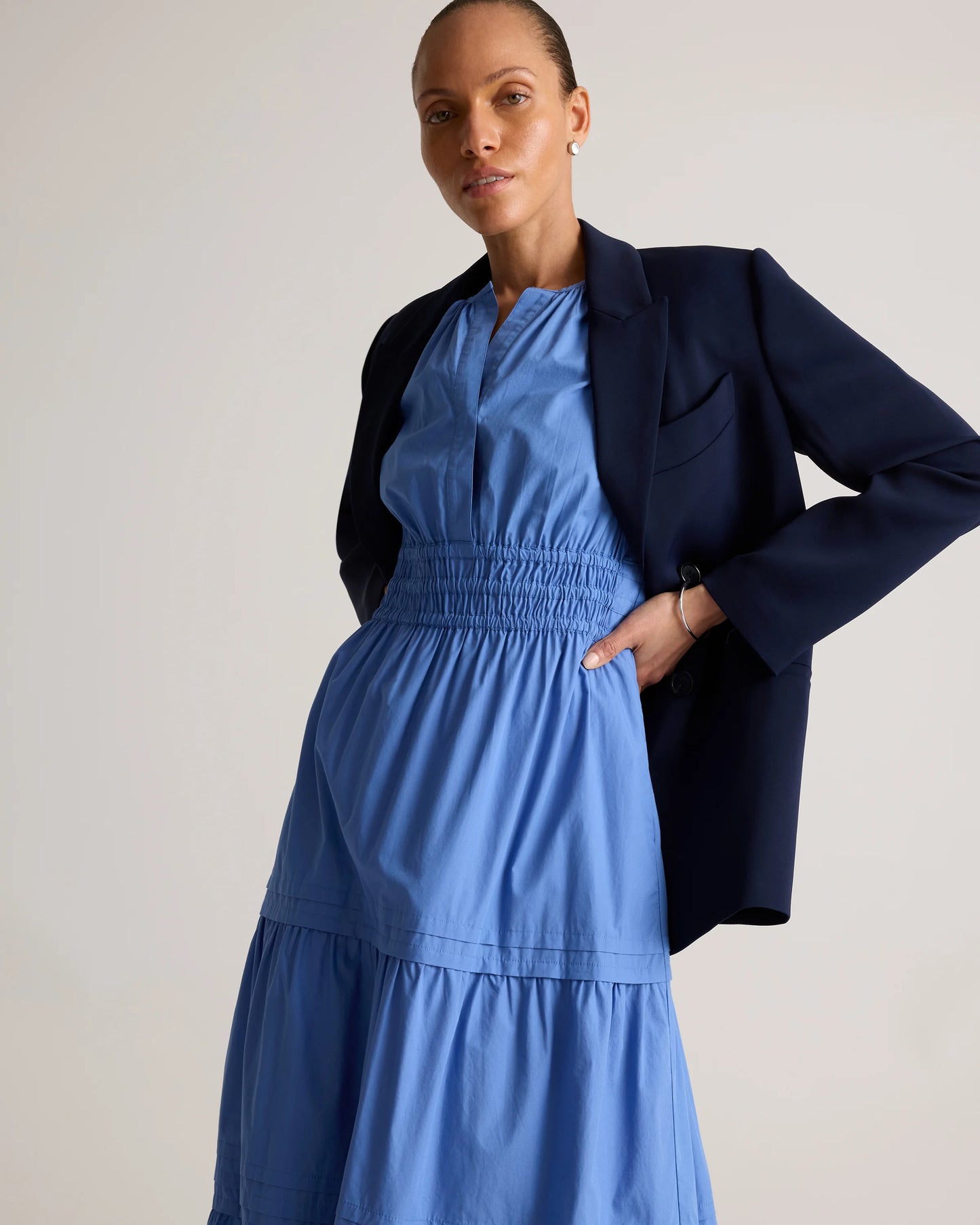 100% Organic Cotton Poplin Tiered Maxi Dress - XS / Riviera Blue Heirloom Floral