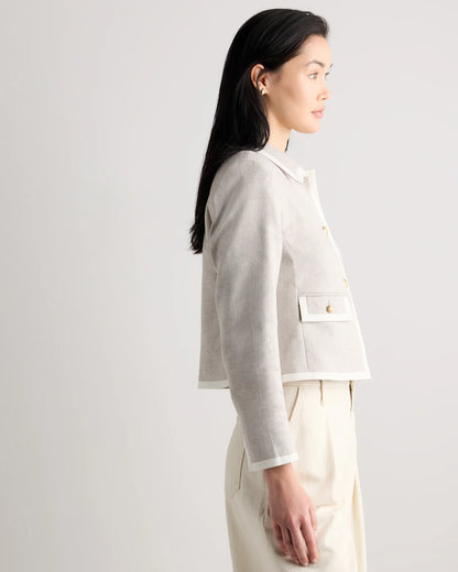 European Stretch Linen Cropped Lady Jacket - XS / Deep Navy/Ivory