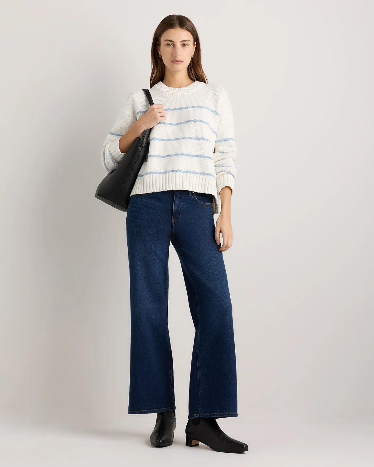 100% Organic Cotton Striped Crew Sweater - XS / Heather Brown/Ivory