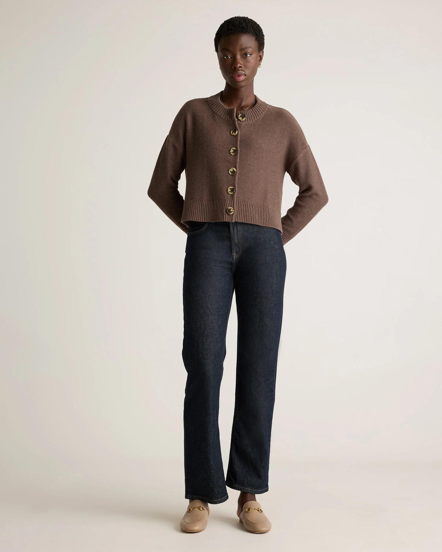 100% Organic Cotton Cropped Cardigan - XS / Heather Brown