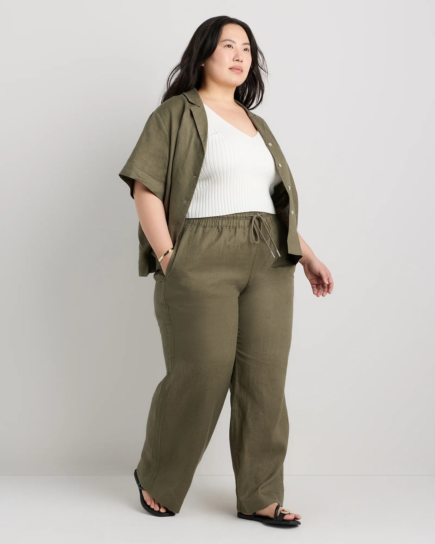 100% European Linen Wide Leg Pants - 1X / Bayberry Olive