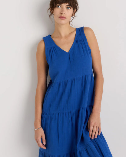 100% Organic Cotton Gauze Tiered Maxi Dress - XS / Indigo Blue
