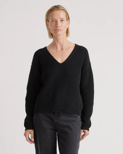 100% Organic Cotton Fisherman V-Neck Sweater - XS / Heather Brown