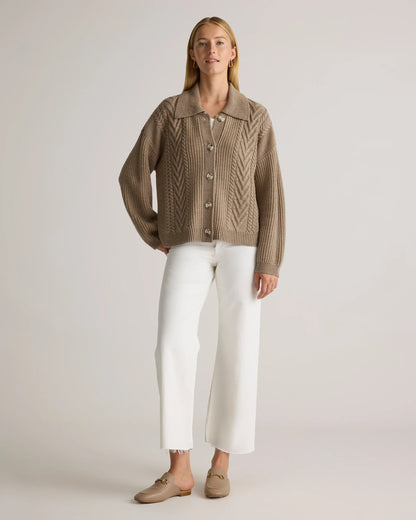 Australian Merino Wool Collared Cable Cardigan - XS / Coffee Bean Brown