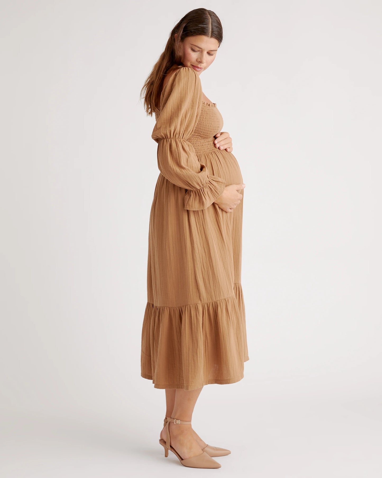 100% Organic Cotton Gauze Maternity Smocked Midi Dress - XS / Wild Cherry