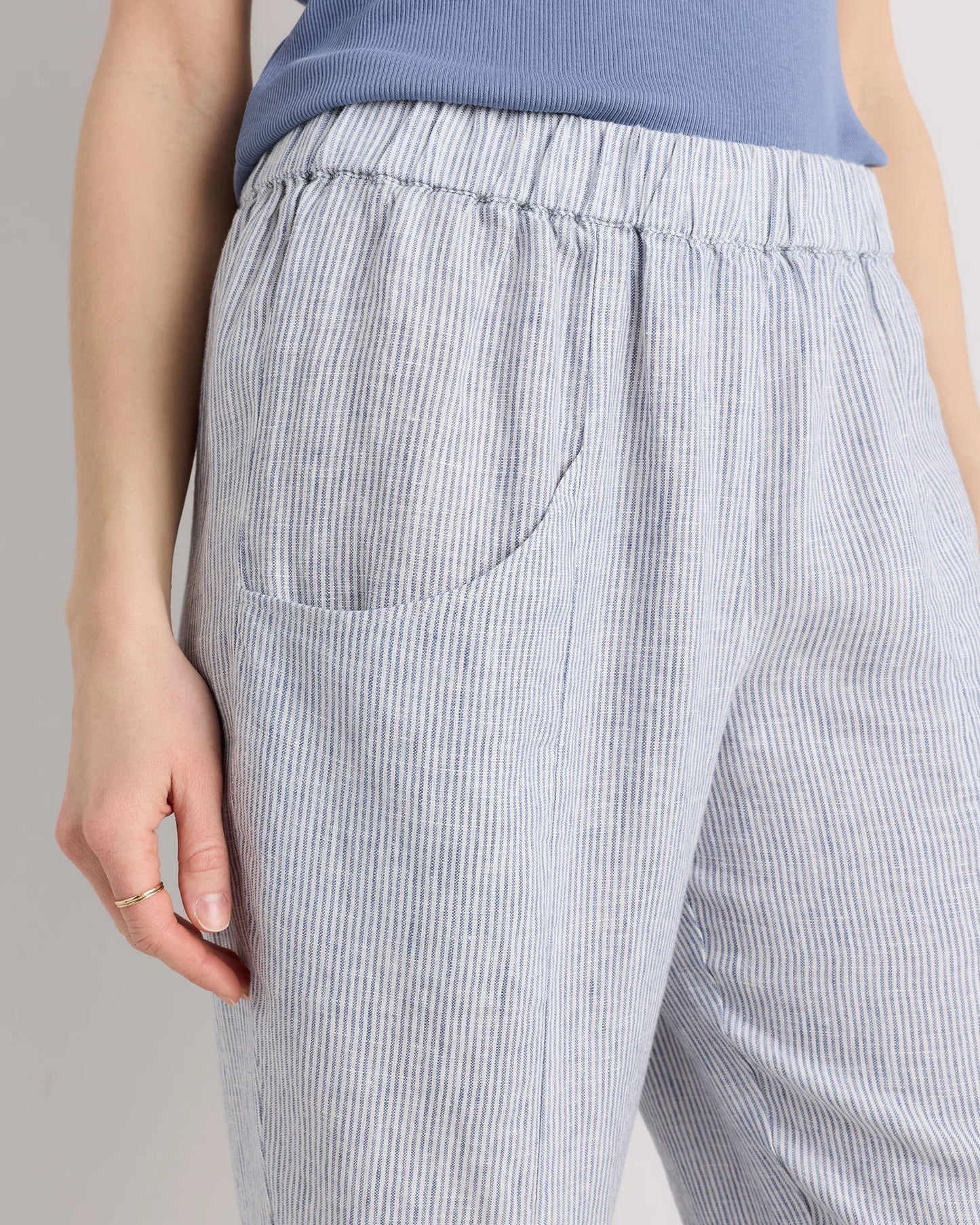 100% European Linen Tapered Ankle Pants - XS / Blue Pinstripe