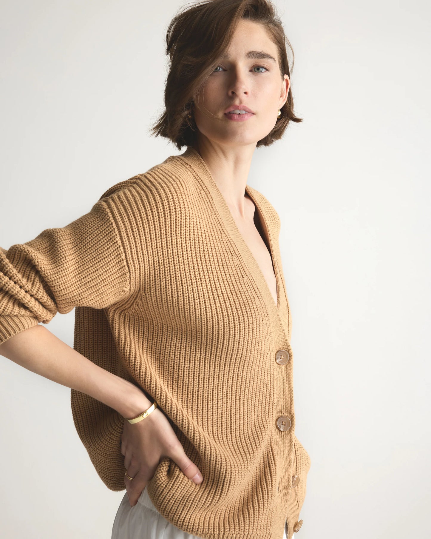 100% Organic Cotton Oversized Boyfriend Cardigan - XS / Speckled Beige