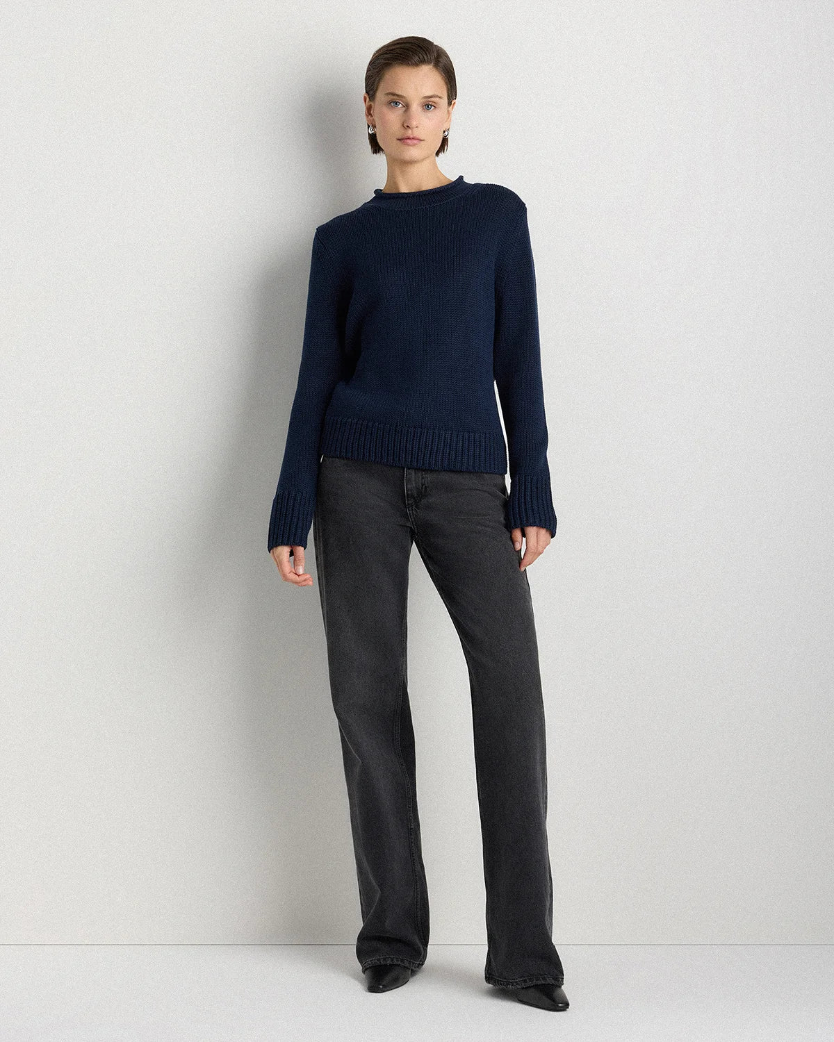 100% Organic Cotton Roll Neck Sweater - XS / Cornflower Mini Stripe