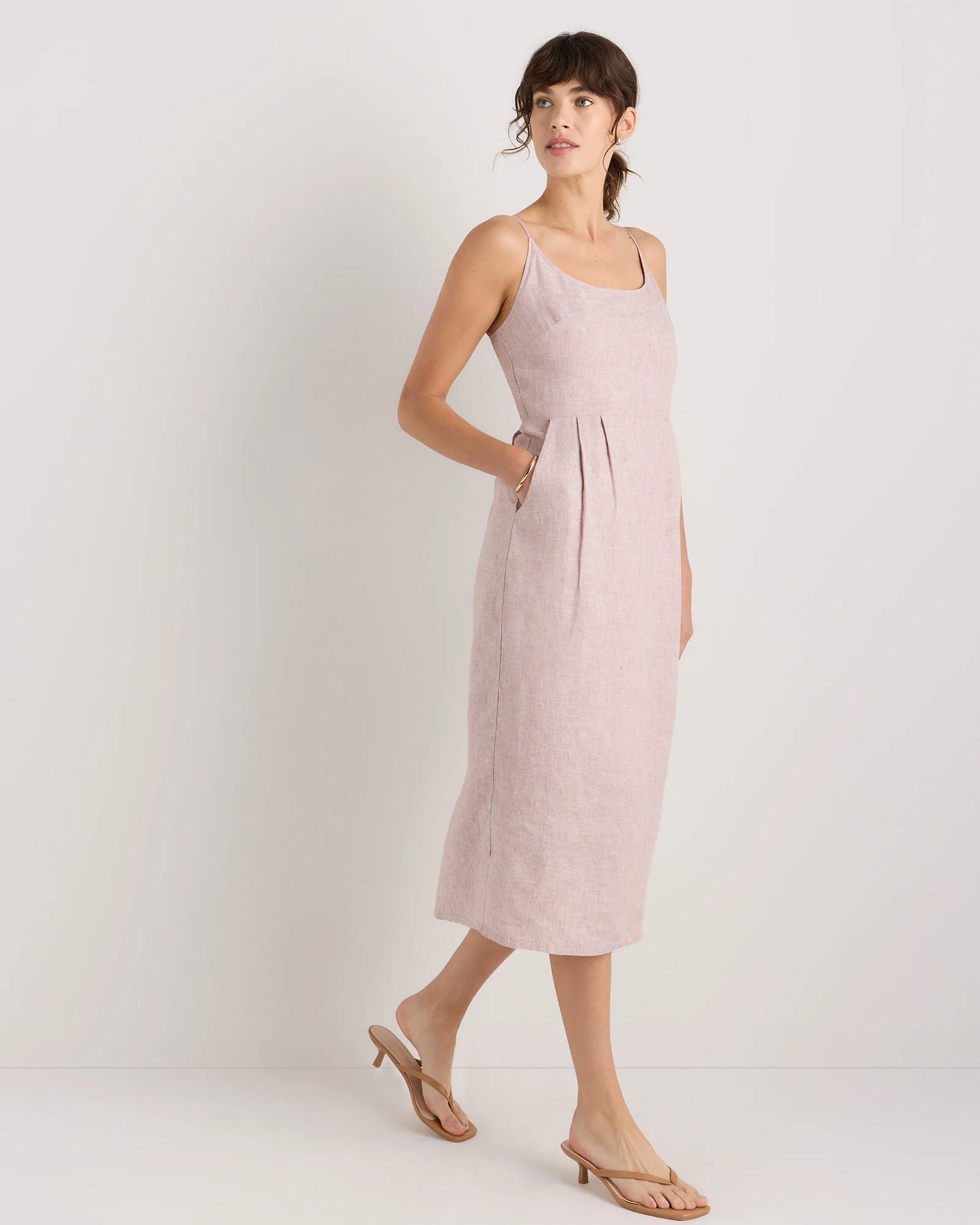 100% European Linen Scoop Neck Midi Dress - XS / Ivory Porcelain Blue Petite Floral