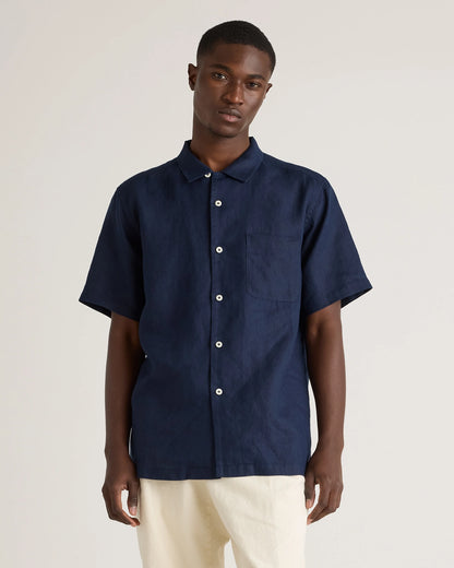 100% European Linen Camp Shirt - XS / Sky Blue Mariner Stripe