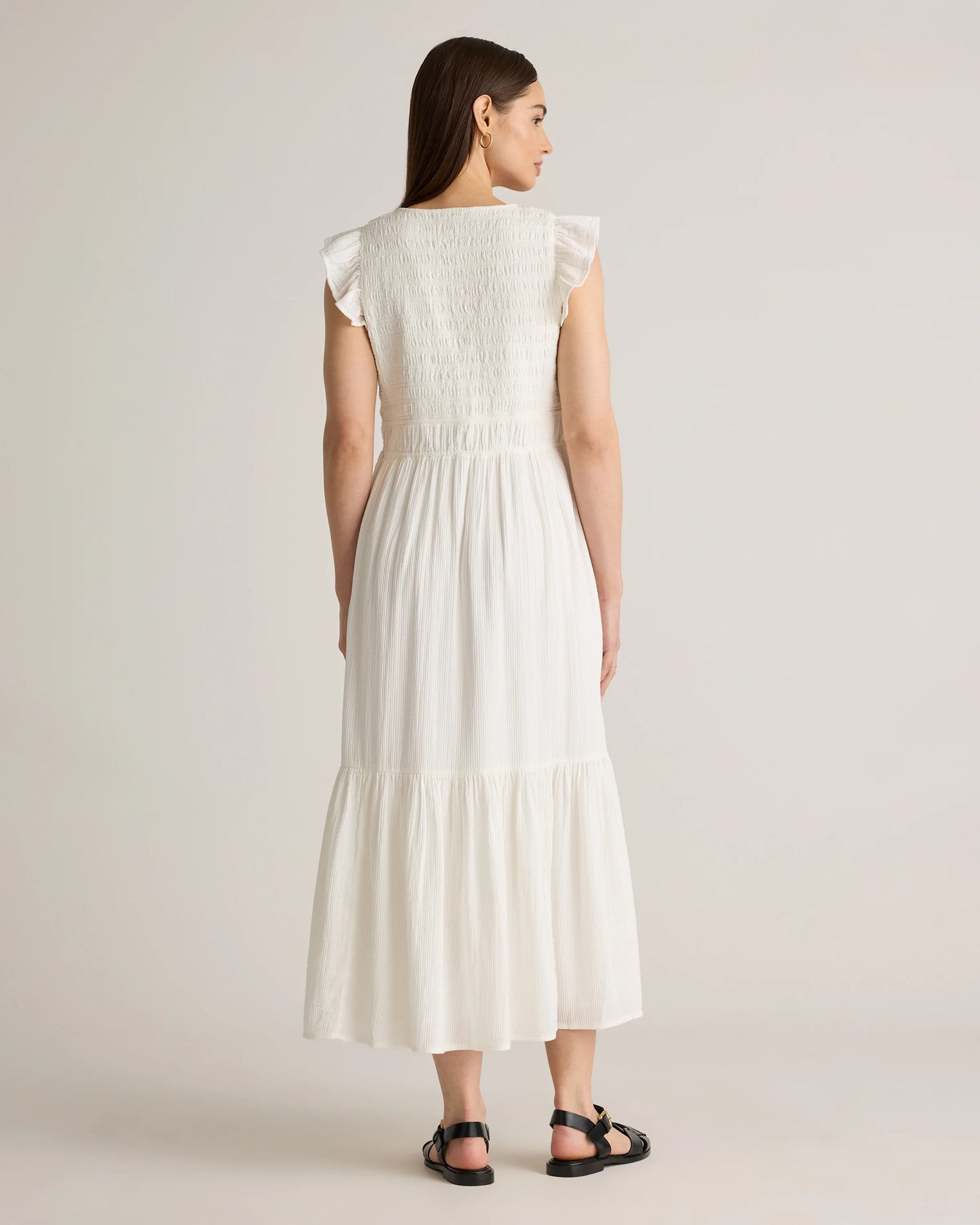 Organic Textured Cotton Smocked V-Neck Midi Dress - XS / Pale Custard Yellow
