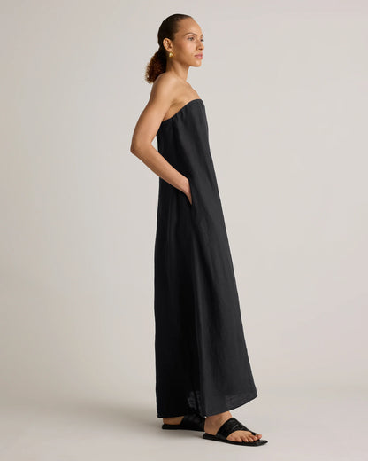 100% European Linen Strapless Maxi Dress - XS / Brick Red Heirloom Floral