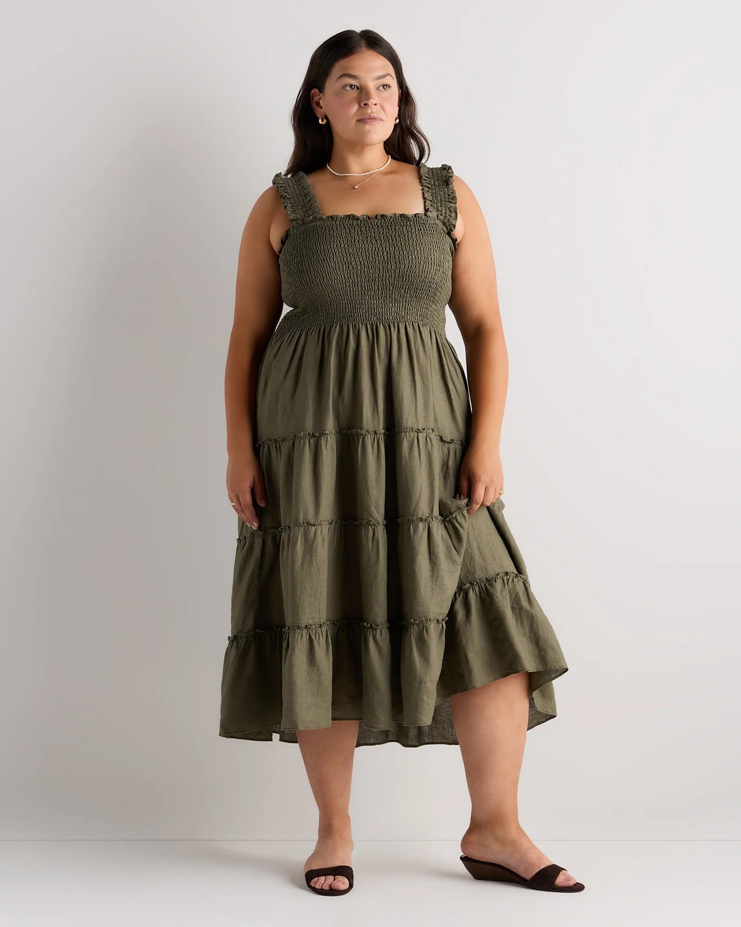100% European Linen Smocked Midi Dress - 1X / Flax