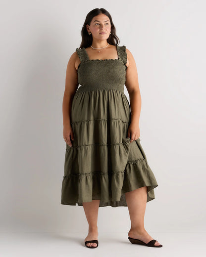 100% European Linen Smocked Midi Dress - 1X / Flax