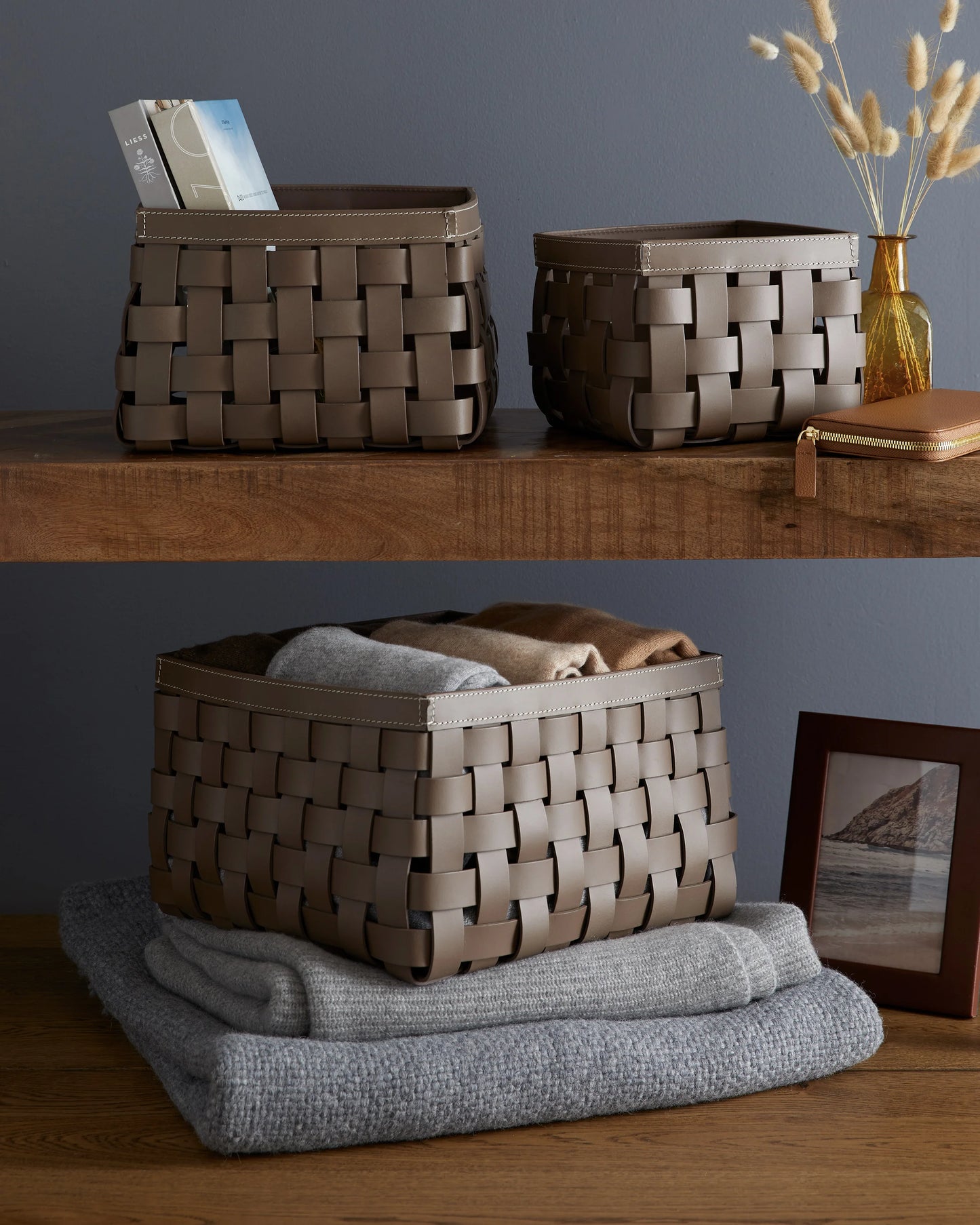 Recycled Woven Leather Baskets (set of 3) - One Size / Cognac