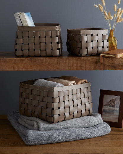 Recycled Woven Leather Baskets (set of 3) - One Size / Cognac