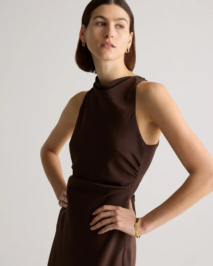 Washable Stretch Silk High Neck Midi Dress - XS / Vintage Navy Roses