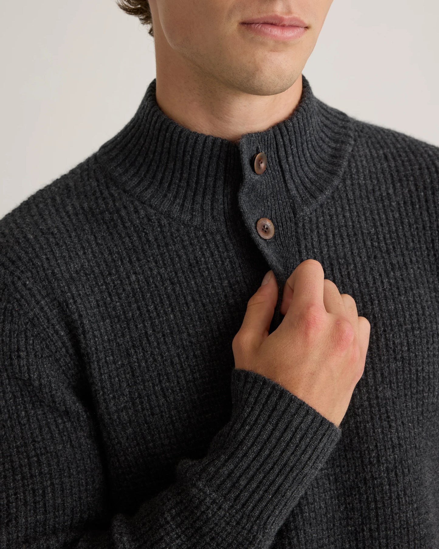 Mongolian Cashmere Waffle Quarter Button Sweater - S / Elk Brown