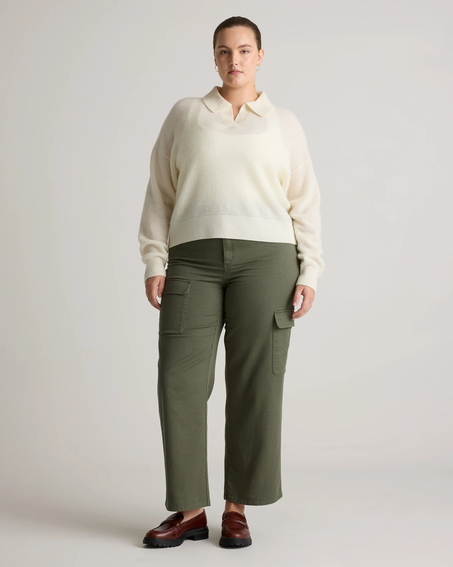 Baby Alpaca-Wool Waffle Stitch Polo Sweater - XS / Ivory
