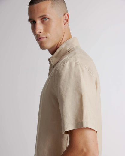 100% European Linen Relaxed Short Sleeve Shirt - XS / Taupe Brown Chambray