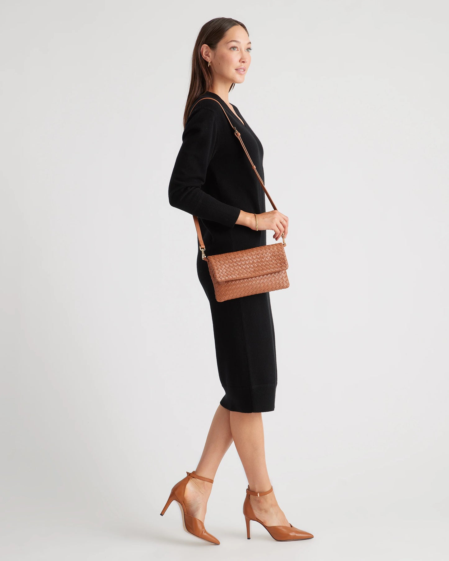 Italian Leather Handwoven Convertible Clutch - One Size / Cognac