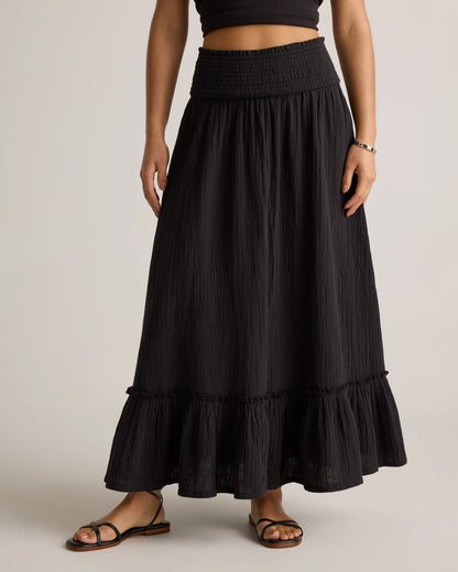 100% Organic Cotton Gauze Smocked Maxi Skirt - XS / Blue Gingham