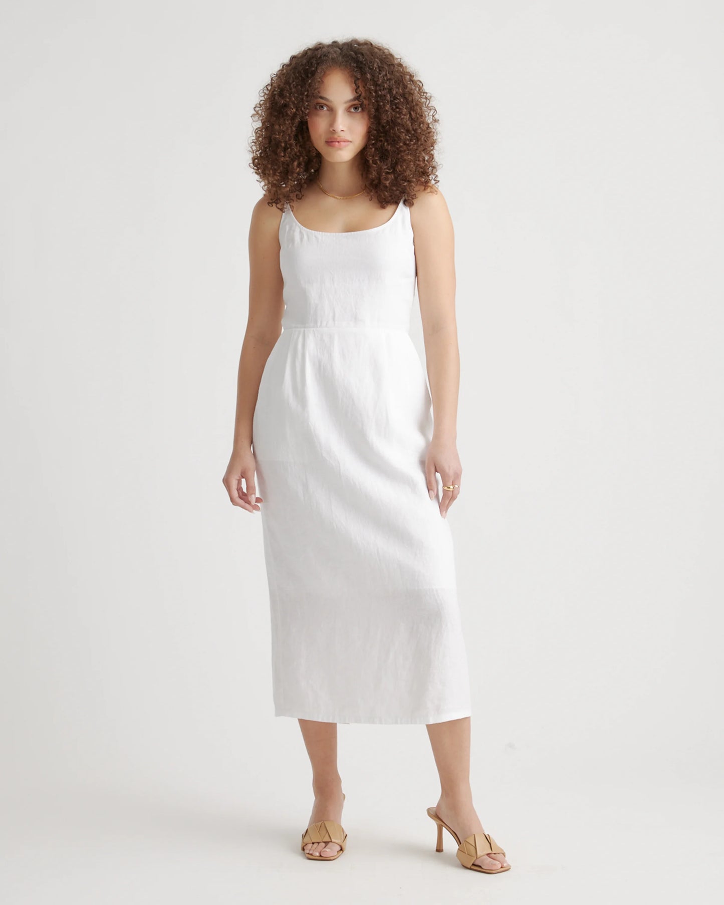 100% European Linen Scoop Neck Midi Dress - XS / Ivory Porcelain Blue Petite Floral